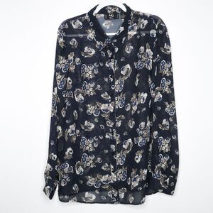 MG Women Button Up Blouse Plus Size 3X Blue Floral Artsy Sheer Office Career